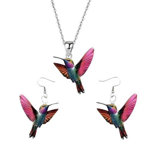 Hummingbird Necklace Earrings Set for Women Cute Colorful 2D Bird Pendant Necklace Acrylic Hypoallergenic Dangle Earrings Trendy Jewelry for Bird Lovers - color: Red