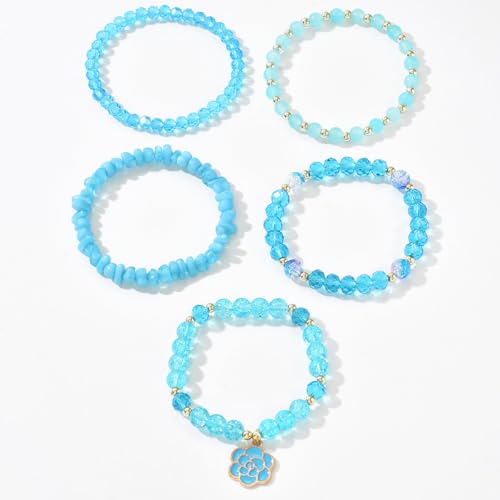 LOTSOF Boho Flower Beaded Bracelet Set for Women - Multilayer Crystal & Flower Charm Stackable Bracelets, Fashion Jewelry Gift for Her - color: Blue