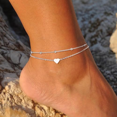 Ritach Ankle Bracelets for Women - Silver/Gold Plated Stainless Steel Anklets for Women Waterproof Layered Cuban Link Figaro Chain Heart Anklets Set Summer Beach Jewelry Gifts - color: Silver-Layered Heart Anklet