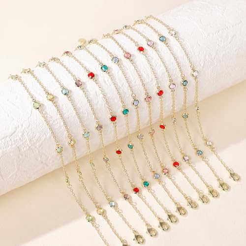 Birthstone Bracelet for Women 14K Gold Plated Dainty Link Bracelet Trendy Non Tarnish Trendy Chain Bracelets Birthday Valentines Gifts Jewelry for Women Mom Daughter Wife Sister Friend - color: 01.January