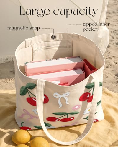Miss Adola Embroidery Tote Bag with Pocket & Buckle - Reusable Canvas Tote for Women Cute Aesthetic Work Shopping Grocery Bag - style: Cherry