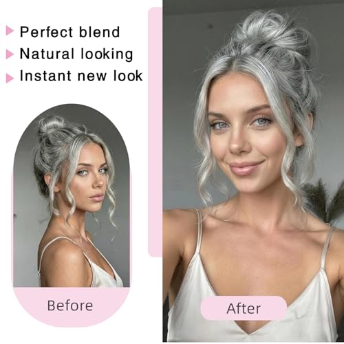 Human Hair Messy Bun Scrunchie Extensions for Women, Real Wavy Curly Ponytail Hair Piece, Lightweight Tousled Fake Buns Stretchy Fluffy Donut Updo, White Mix Black 25g - color: White Mix Black