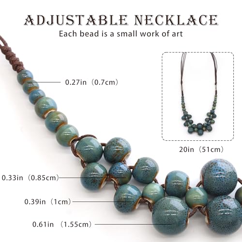 Boho Statement Chunky Necklaces for Women- Handmade Colorful Ceramic Fall Beaded Hippie Jewelry, Adjustable Long Bohemian Necklaces for Casual Wear - color: Blue