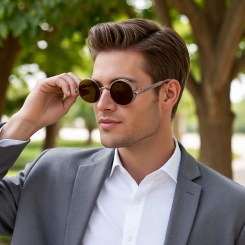 FEISEDY Retro Gothic Steampunk Sunglasses Round Metal Frame Punk Circle Inspired Shade Men B1857 - color: Bronze/Tea