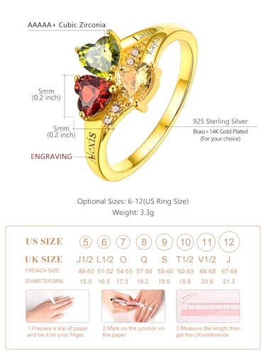 Custom4U Personalized 1-4 Birthstone Rings for Women Promise Rings for Her Sterling Silver Mothers Ring Customized Cubic Zirconia Stones Wedding/Valentine's Day/Mother's Day Jewelry Gift for Mom Wife - color: A-3 Names-gold