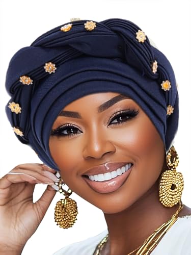 Woeoe Women African Turban Pre-Tied Twisted Beanie Cap Headwear Rhinestone Soft Stretchy Head Turbans - color: Navy Blue