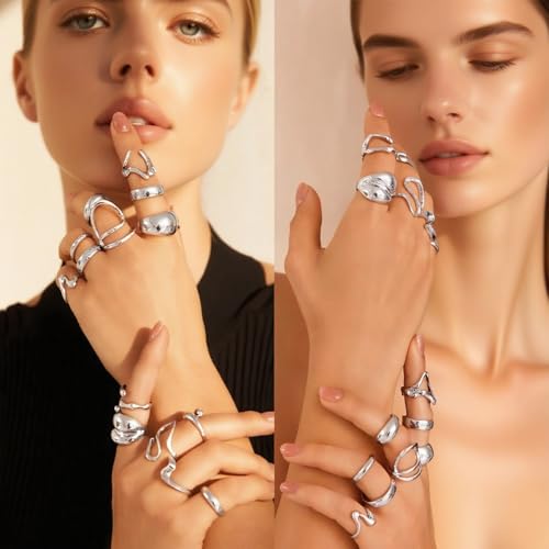 IFKM Gold Chunky Rings Set for Women 14k Gold Plated Thick Dome Stackable Open Rings Trendy Dainty Minimalist Jewelry Gifts - color: Silver, style: Irregular