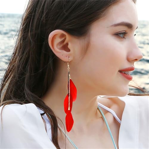 coadipress Boho Piercing Tassel Feather Long Chain Earrings Retro Lightweight Native Feather Dangle Drop Earrings for Women Bohemian Handmade Natural Feathers Earring Jewelry - color: Red