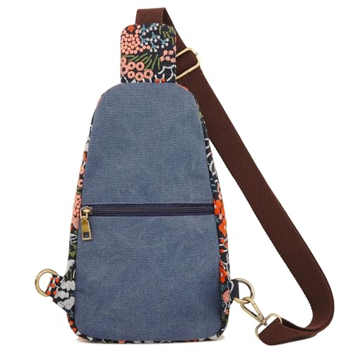 SILKAREA Canvas Sling Bag for Wome Crossbody Purse Small Sling Backpack Purse Travel Hiking Chest Bag Daypack - color: Embroidered Blue