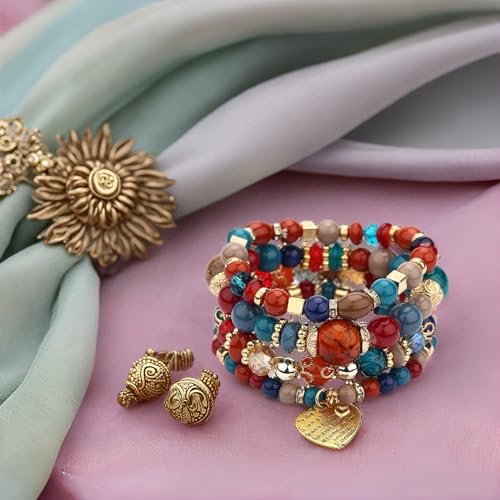 Women Beaded Bracelet Set | Colorful Boho Stackable Trendy Design with Crystal Accents Multilayer Bangle Bracelet | Fashion Stretch Braclets Jewelry for Women - color: Red