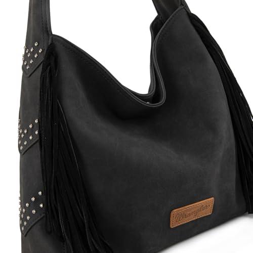 Wrangler Fringe Suede Hobo Bag for Women Leather Western Fringe Purse Tassel Hippie Shoulder Bag - color: Black