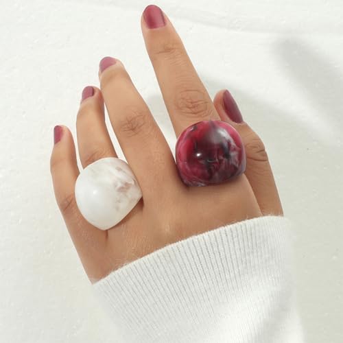 2Pcs Chunky Resin Knuckle Dome Rings Set for Women Dainty Large Y2k Acrylic Finger Nail Ring Pack Big Two Tone Plastic Statement Jewelry Gifts - color: Red