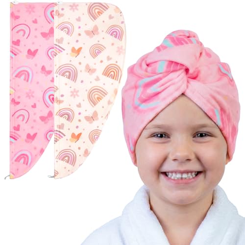 Basumee Microfiber Hair Towel Wrap for Kids 2 Pack Rapid Drying Hair Towel with Button Hair Turbans for Wet Hair Wraps Head Towel Wrap for Women and Girls - color: Brown Pink Rainbow