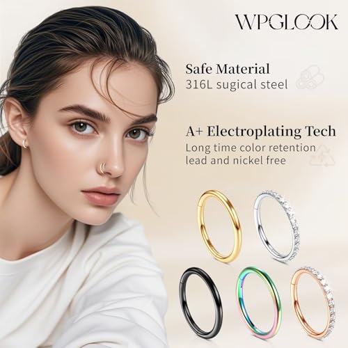 2Pcs Nose Ring Hoop Set: 14G 16G 18G 20G 316L Surgical Steel Septum Rings Hypoallergenic Body Jewelry 6/7/8/9/10/12MM Cartilage Earrings for Women Men - color: Silver-Single+Single CZ