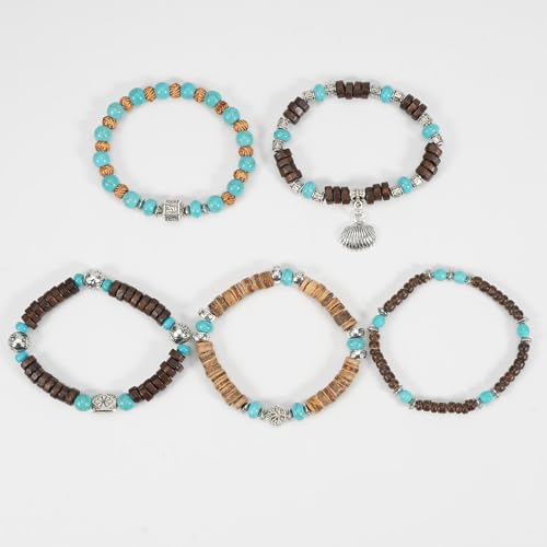 COLORFUL BLING Boho Turquoise Wooden Beaded Stretch Bracelets Stackable Turtle Butterfly Elephant Shell Heart Charms Bracelet for Women Men Western Jewelry Gifts - style: Set 4