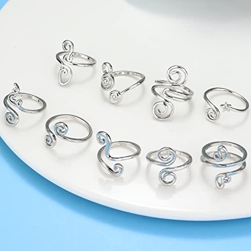 FIBO STEEL 9 Pcs Adjustable Toe Rings for Women Open African Toe Rings Summer Beach Foot Jewelry - color: Silver-tone