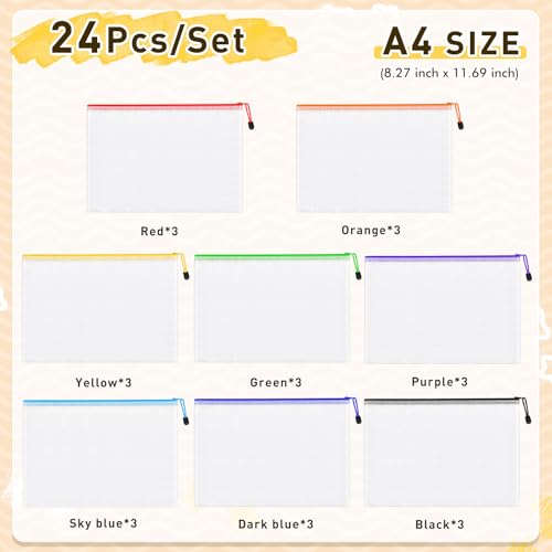 24pcs Mesh Zipper Pouch Bags, A4 Letter Size 8 Colors Plastic Zipper Bags for Organizing Storage, Clear Pouches with Zipper, Waterproof Mesh Bags for School Supplies, Home Organize, Travel Storage - style: A4-24pcs