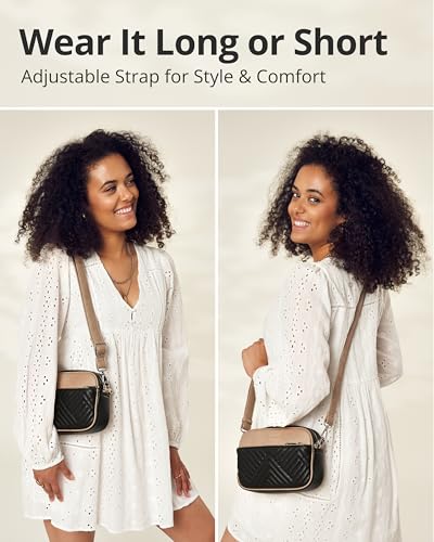 Vantamo Premium Quilted Crossbody Bags for Women with Anti-Pickpocket Clip, Vegan Leather Handbags, Travel Purses for Women - color: Black & Stone With Faux Leather Strap