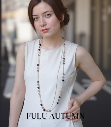FULU AUTUMN Boho Gold Long Necklaces for Women Natural Stone Beaded Layered Long Necklace Mothers Day Gifts Dainty Flower Costume Jewelry for Women - color: Black
