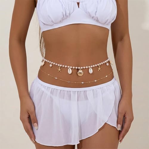 14K Gold Plated Sexy Body Chains for Women - Layered Belly Waist Chain Festival Rave Accessories, 4-in-1 Detachable Pearl Choker Chest Harness Bikini Beach Jewelry