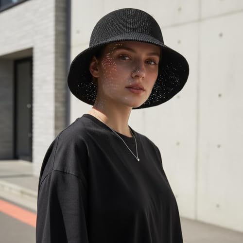Women Straw Hat Beach Sun Cap Foldable Paper Knitted for Travel Summer Vacation Soft Lightweight Breathable - color: Black