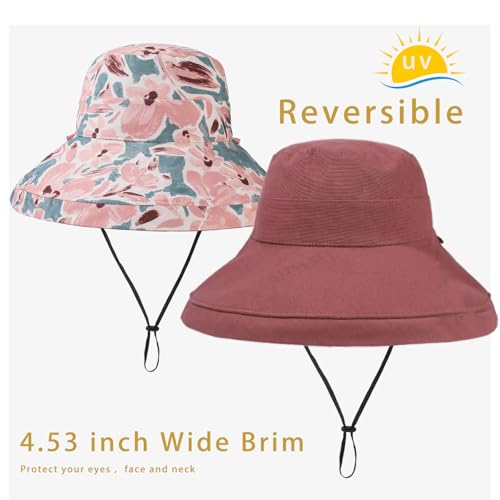 vidsel Womens Sun Hats Wide Brim Reversible Bucket Cotton Hat Packable Summer Travel Cap with Hat Clip,UV Protection - color: Red, size: Medium