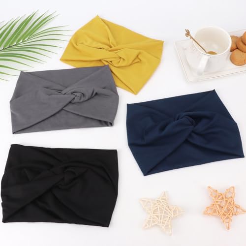 DRESHOW 6 Pack Extra Wide Headbands for Women Large Turban Headband Boho Head Wrap Elastic Hairbands Hair Twisted Knot Hair Accessories - color: 6 Pcs: Solid Color B