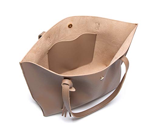 Dreubea Women's Soft Faux Leather Tote Shoulder Bag from, Big Capacity Tassel Handbag - color: Bark New