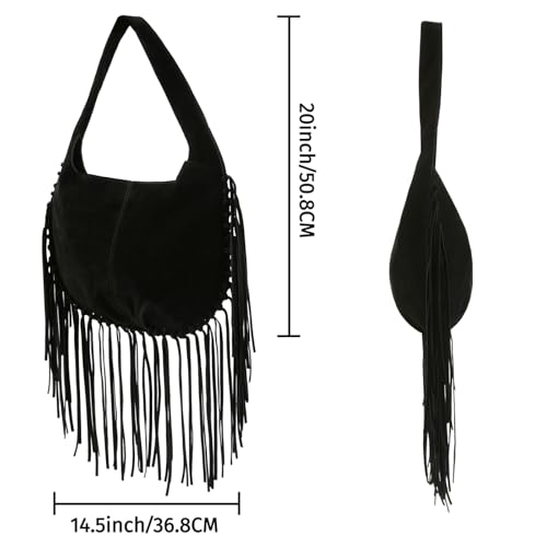 HDE Women's Faux Suede Leather Bag Fringe Tassel Shoulder Purse Western Handbag - color: Black