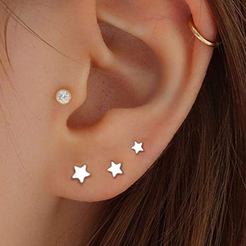 3 Pairs 925 Sterling Silver Star Stud Earrings for Women,Tiny Simple Geometric Stud Earrings Set Small Hypoallergenic Cartilage Tragus Ear Jewellery for Men (3/4/5mm) - color: 01 Silver-3Pairs-3/4/5mm