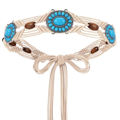 WHIPPY Boho Turquoise Belt for Women Wax Rope Braided Waist Belt Western Hand-Woven Bead Tassel Belts for Dress, 2” Wide - color: Light Beige