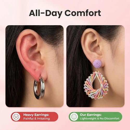 Woven Raffia Rattan Earrings for Women, Boho Flower Hoop & Drop Dangle Earrings Collection, Handmade Summer Beach Vacation Statement Earrings for Party Daily Wear - color: Rainbow Woven Hoop