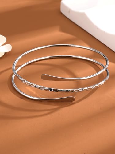 Minimalist Arm Cuff Bracelet Layered Armband Elegant Cuff Bangle Round Bracelet Stackable Geometric Jewelry for Women Men - color: 3layered silver