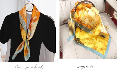 CHUNG Women's Scarf Hair Bandanas Square 27.5" Satin Wrap Fashion Pattern Scarves Emulation Silk Handbag Ribbons Necktie - color: Birch Forest