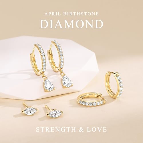 14K Gold Plated Small Huggie Hoop Earrings Set for Women, Hypoallergenic Dainty Sterling Silver Dangle Studs for Cartilage Helix, Lightweight Trendy Cute Stack Birthstone Jewelry Gift - color: 04_Diamond_Apr_Gold