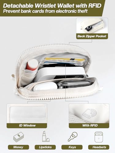 Tiostep Clip and Go Strap for Phone with Wallet Crossbody Phone Lanyard Adjustable and Detachable RFID Wristlet Wallet with ID Window and Zipper, Cream - color: Cream, size: Medium