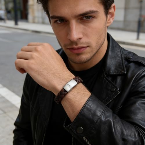 Men's Leather Bracelet, Stackable Stainless Steel Clasp Bracelets for Men Stylish Birthday, Thanksgiving, Valentine's Day Gift for My Man - style: 8.2" Long 10MM Wide Brown Woven