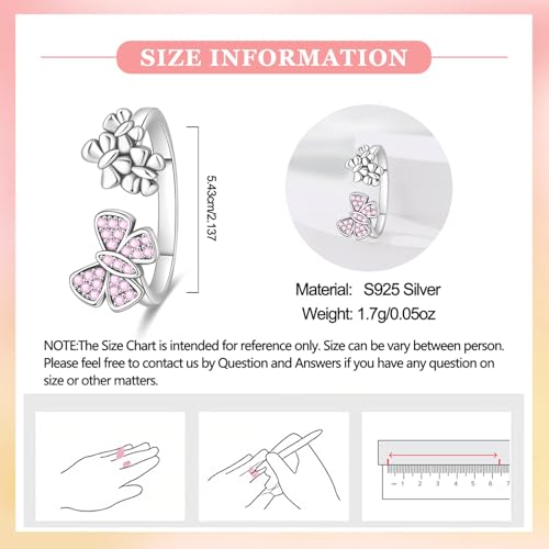 PARCOM Adjustable Women Stackable Ring, 925 Sterling Silver Open Rings - Trendy Eternity Cubic Zirconia Stackable Band Engagement Promise Ring for Her, Hypoallergenic Non Tarnish Nature Bird Floral Thumb Rings - color: Flower & Bow