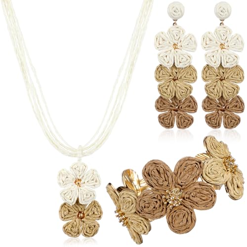 Tondiamo 3 Pcs Raffia Jewelry Set for Women Boho Daisy Flower Necklace, Open Cuff Bracelet, Earrings, Gift for Mom - color: Brown