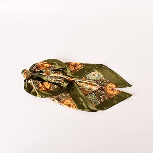 35 x 35 Women's Fashion Pattern Large Square Silk Like Hair Scarf Head Sleeping Wrap Satin Neck Bandana for Gift… - color: Big Cashew Army Green