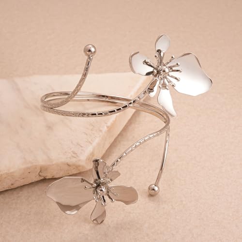 Flower Arm Cuff Bracelets for Women Adjustable Gold Upper ArmBand Jewelry Boho Floral Open Wrap Statement Bangle Bracelet Arm Cuff Jewelry Gifts for Women - color: Sliver