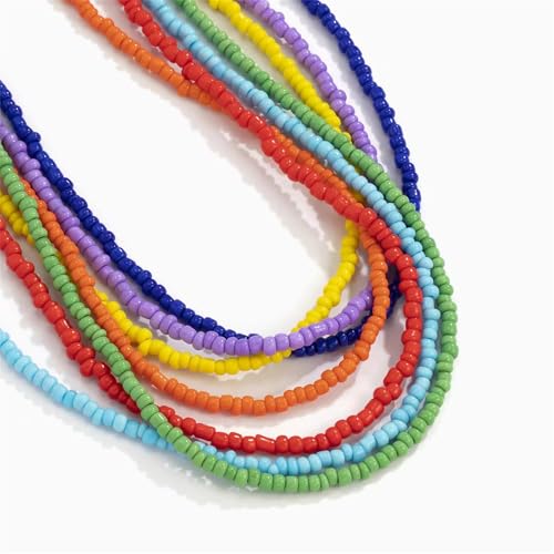 Colorful Beaded Necklace for Women 7Pcs Handmade Rainbow Layered Rice Beaded Necklaces Vintage Seed Bead Choker Necklace Bohemian Hawaiian Beach Adjustable Jewelry Gifts