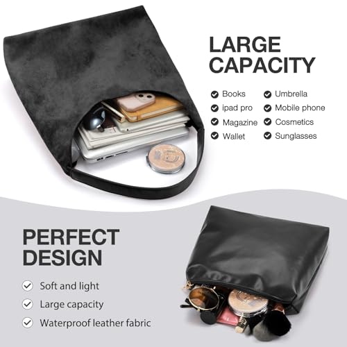 2-Piece Vegan Leather Purse Set for Women: Slouchy Hobo Shoulder Bag & Suede Tote Bag - color: Black