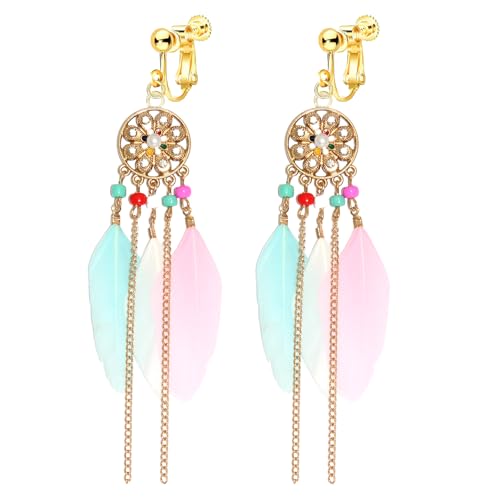 Clip on Tassel Dangle Earrings for Boho Women, Non Pierced, Colorful Feather Handmade Beads Fashion Vintage Fringe Jewelry for Parties Weddings Festivals Trendy Statement Earrings for Bohemian - color: Pink B