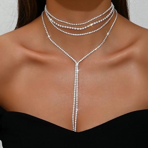 Boho Layered Necklaces for Women Fashion Y Long Neckalce Statement Long Sweater Chain Necklace Black Shiny Choker Necklace Wedding Bridal - color: Style-A