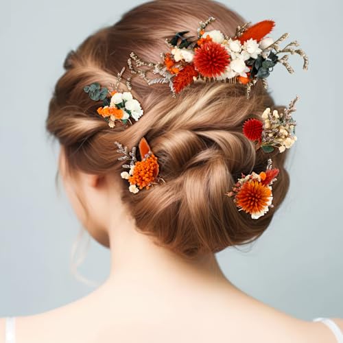 Suncalla 5 Pcs Burnt Orange Dried Flower Hair Pins for Wedding Baby Breath Comb with Eucalyptus Leaves Fall Hair Accessories Bulk for Women Girls Bride Bridesmaid Bachelorette - color: Orange, style: Warm