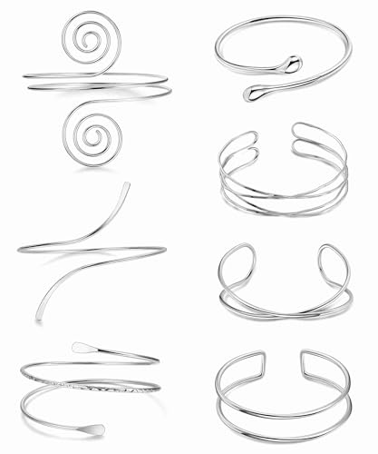 7Pcs Upper Arm Cuff for Women Gold Silver Open Arm Cuff Bracelets Adjustable Armlet Armband Minimalist Coil Swirl Arm Cuff Bracelet Jewelry - style: Silver-B