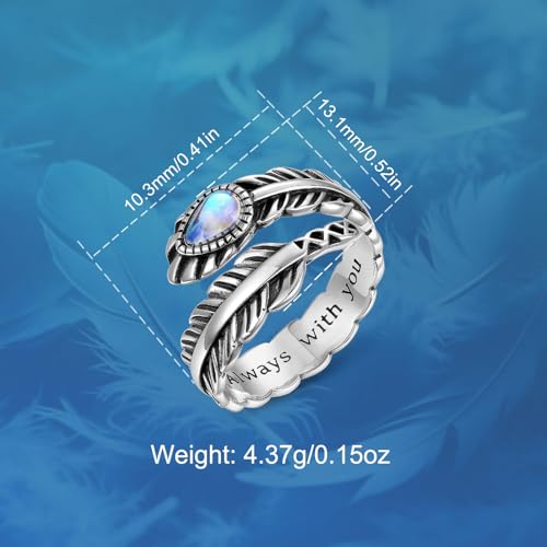 Vito 925 Sterling Silver Adjustable Open Spoon Ring for Women Men, Lotus Sunflower Snake Spoon Band Rings Feather Hug Witches Knot Inspirational Jewelry Gift for Wife - style: Feather-2