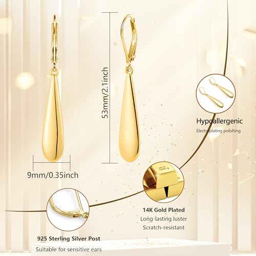 Silver Long Teardrop Dangle Earrings for Women, 14K Gold Plated Hypoallergenic Drop Leverback Earrings, Trendy Long Teardrop Dangle Earings for Jewelry Gifts - color: A-14K Gold