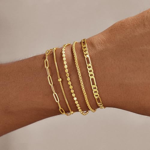 Gold Bracelets for Women, 14K Gold Plated Stackable Bracelet Stack Set Adjustable Charm Paperclip Chain Snake Link Layered Waterproof Jewelry Sets Gifts - style: Bracelets Set /2